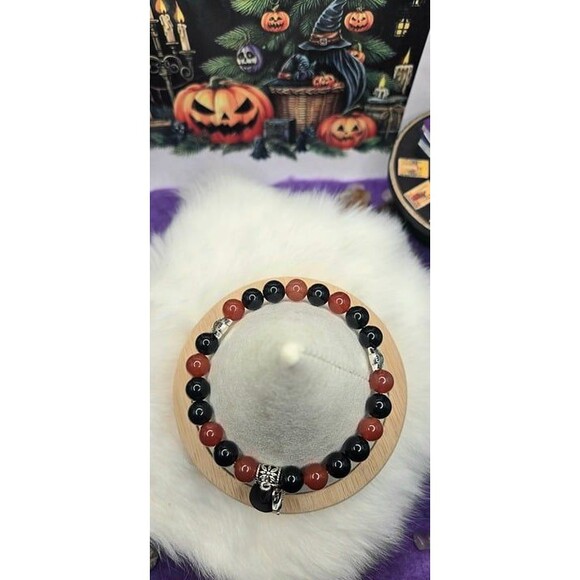 Witch Cat Charm Black Obsidian and Carnelian Beaded Bracelet - Picture 4 of 5